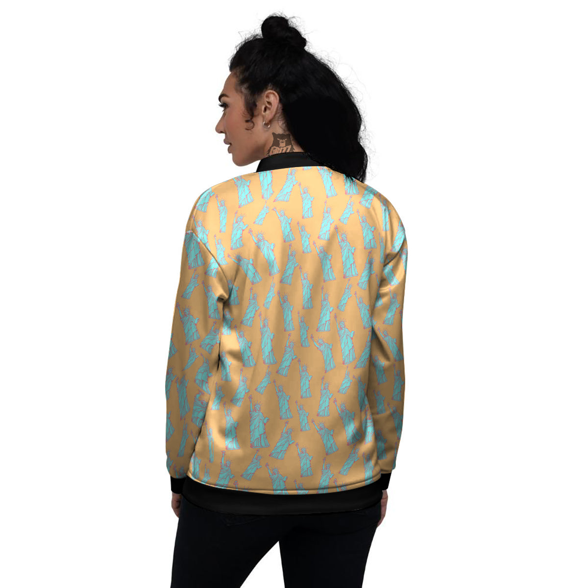 Blue Statue Of Liberty Print Pattern Women's Bomber Jacket-grizzshop