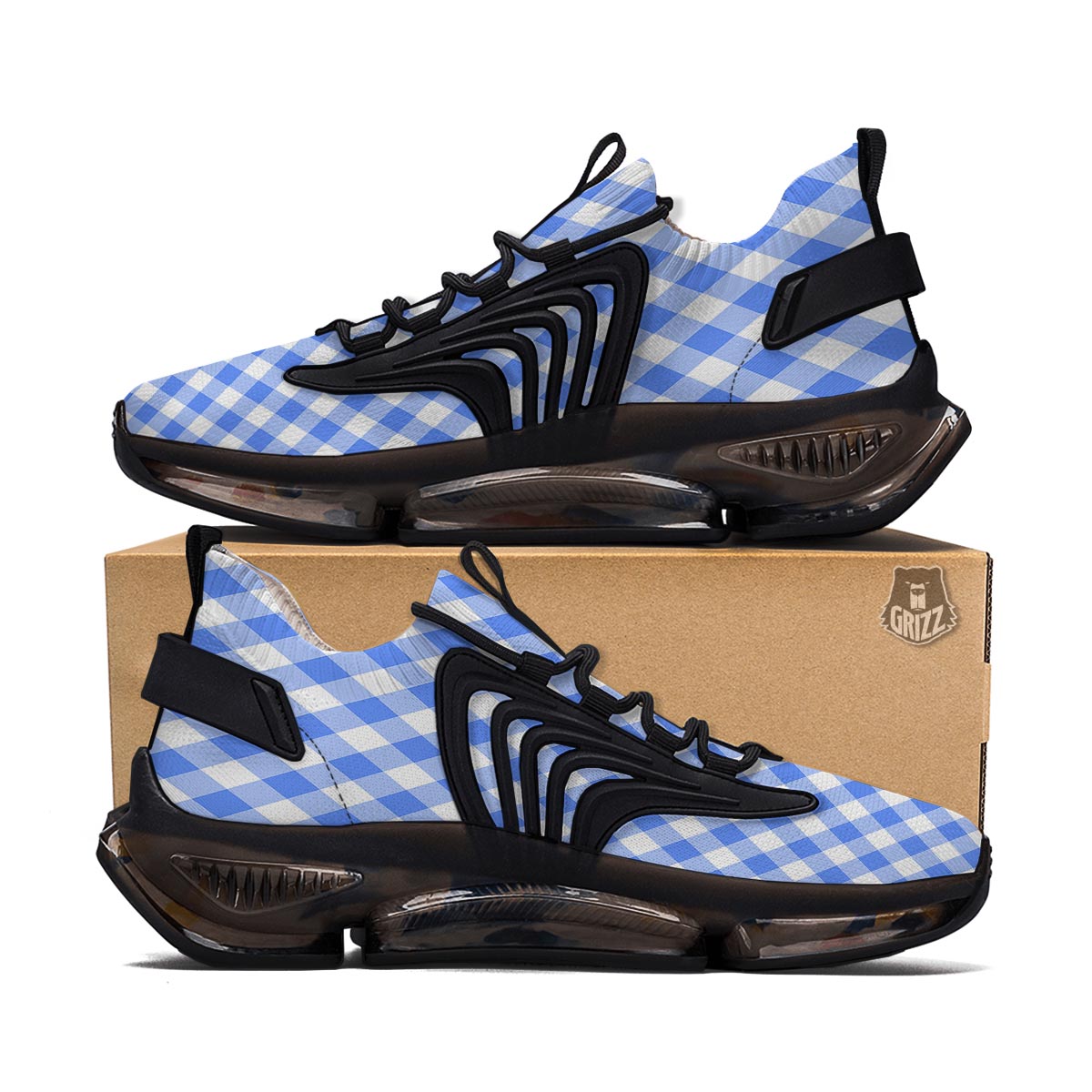 Blue Steel And White Gingham Print Pattern Black Gym Shoes-grizzshop