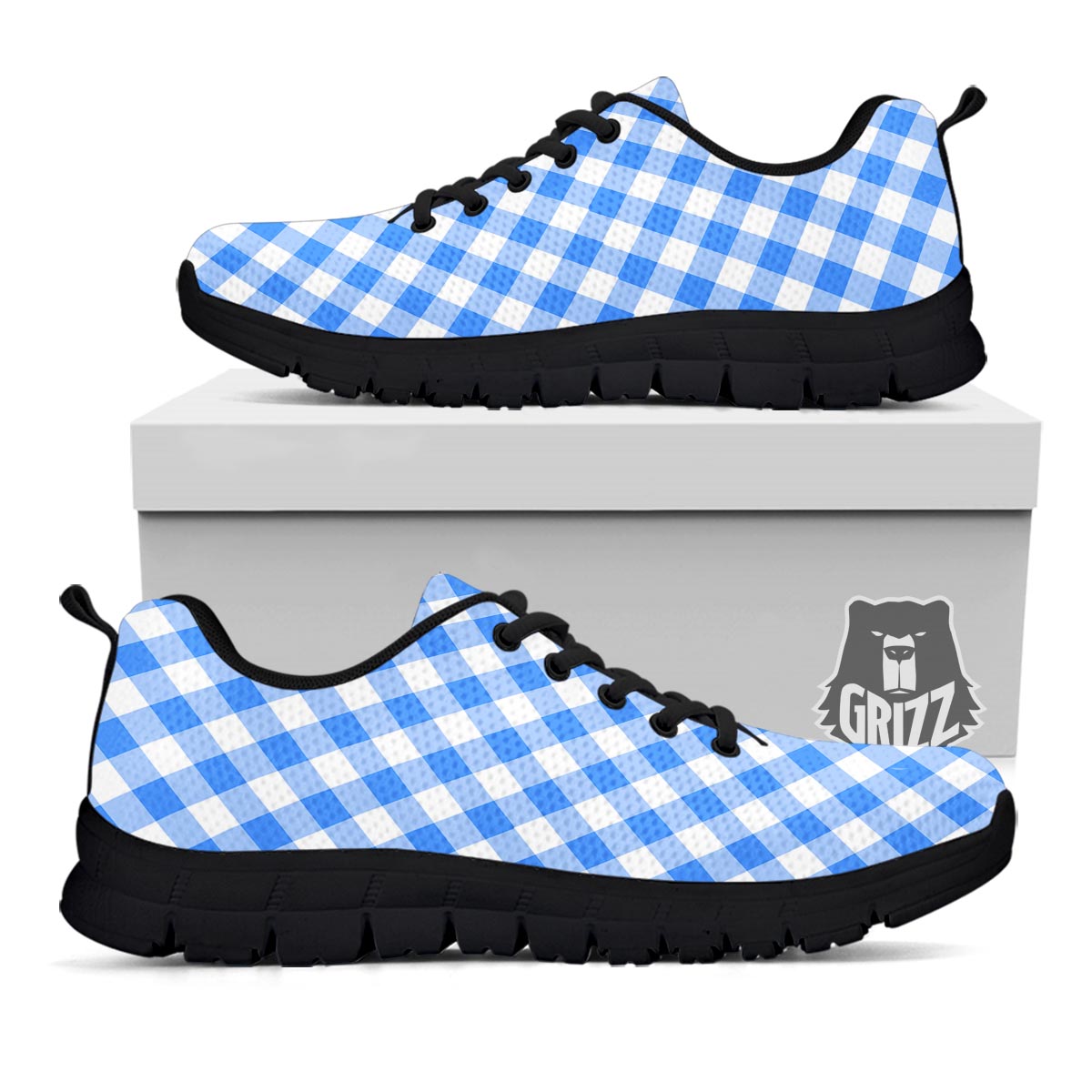 Blue Steel And White Gingham Print Pattern Black Sneaker-grizzshop