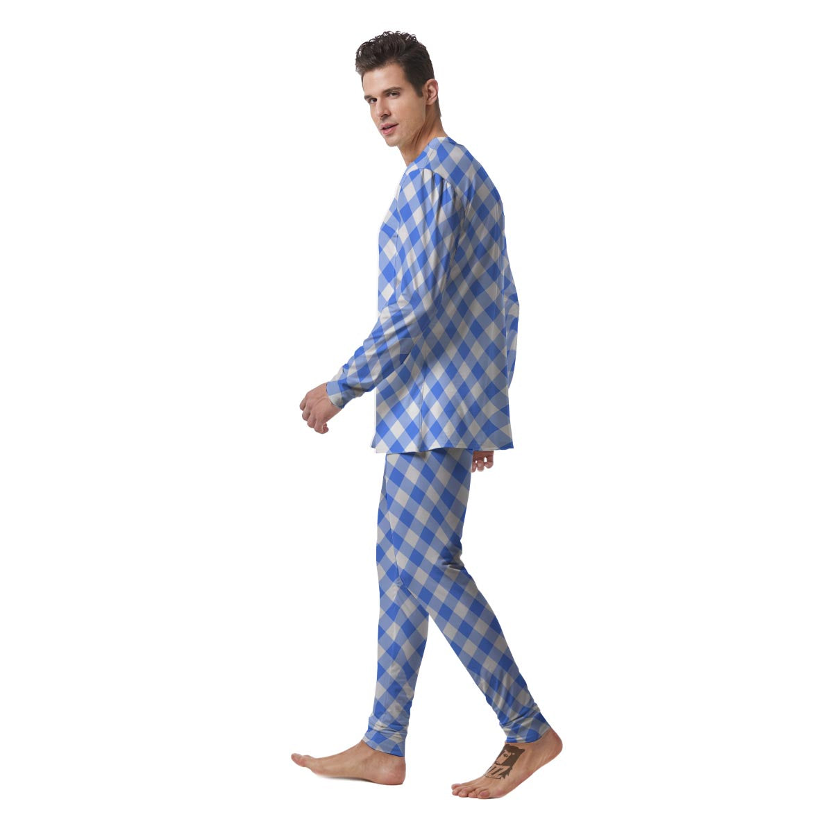 Blue Steel And White Gingham Print Pattern Men's Pajamas-grizzshop