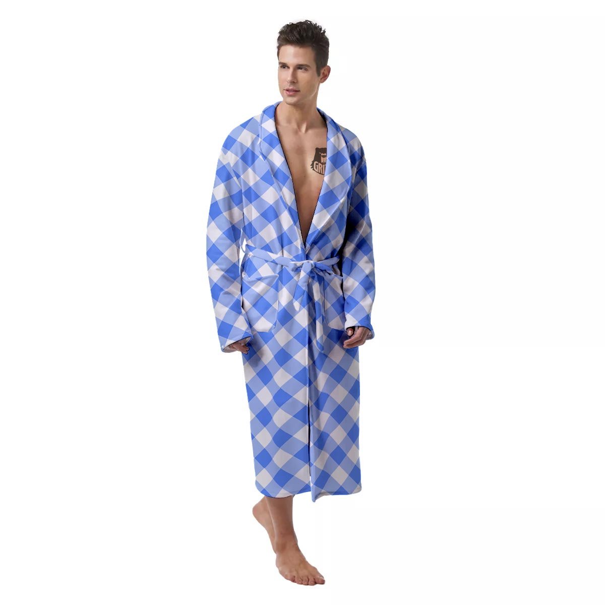 Blue Steel And White Gingham Print Pattern Men's Robe-grizzshop