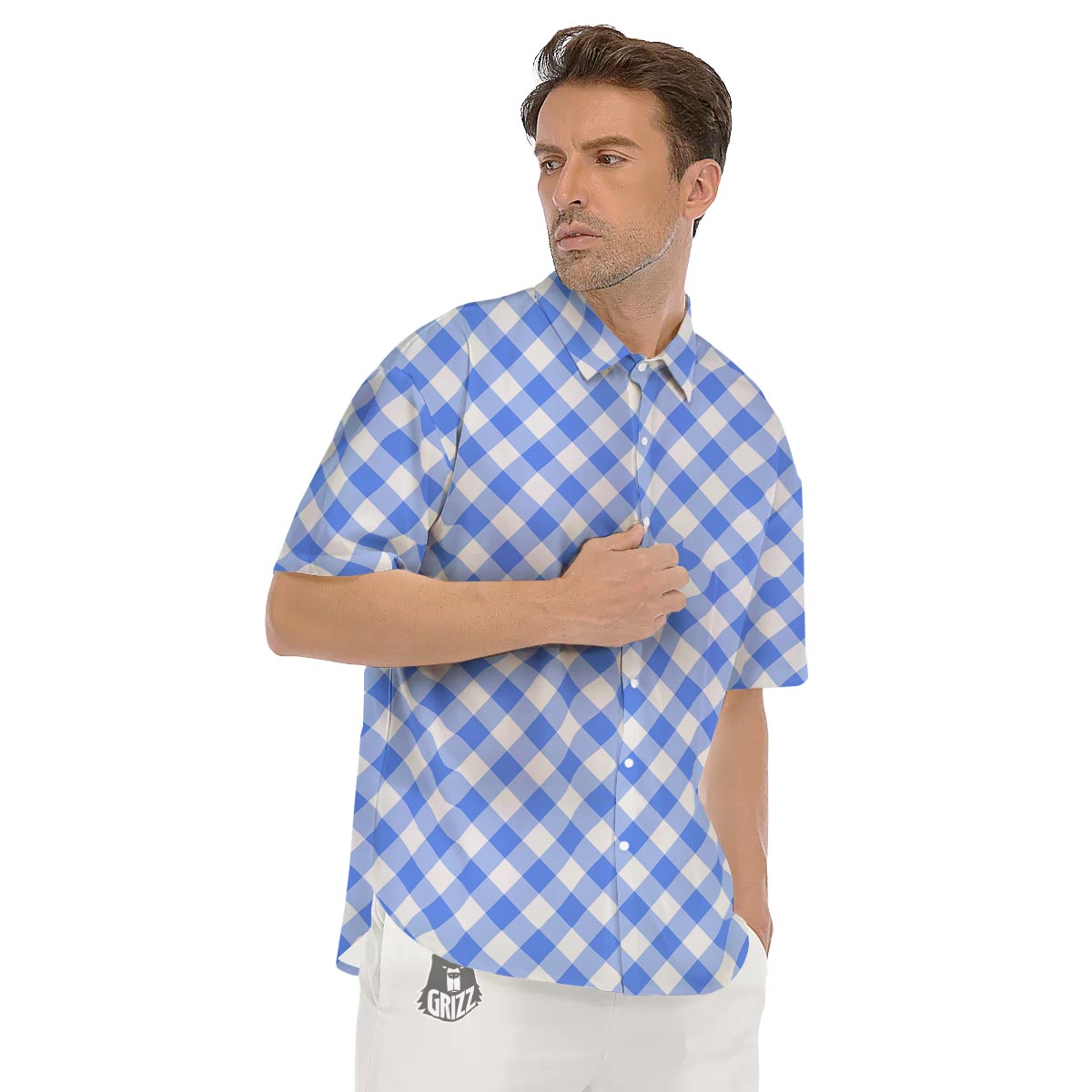 Blue Steel And White Gingham Print Pattern Men's Short Sleeve Shirts-grizzshop