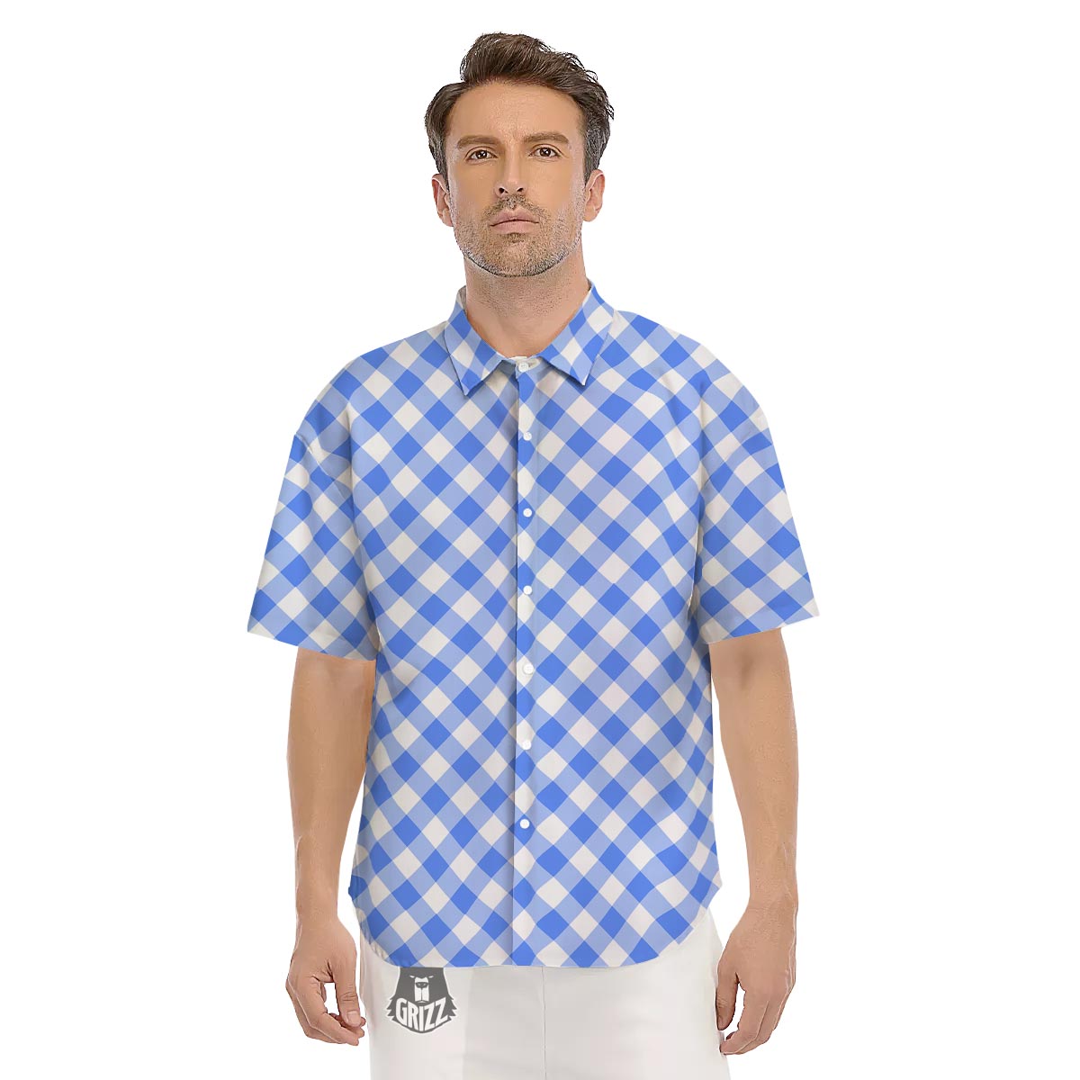 Blue Steel And White Gingham Print Pattern Men's Short Sleeve Shirts-grizzshop