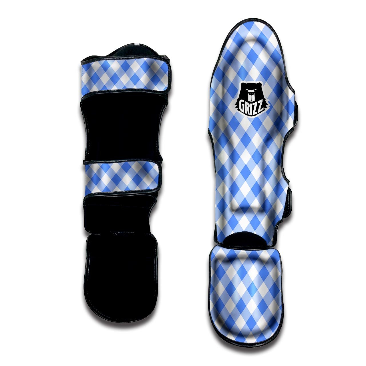 Blue Steel And White Gingham Print Pattern Muay Thai Shin Guards-grizzshop