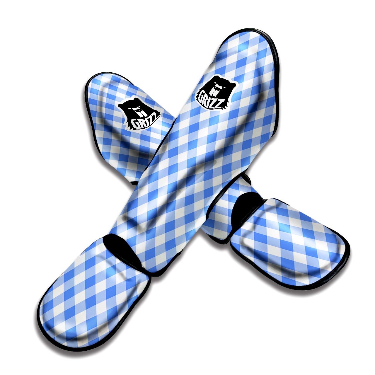 Blue Steel And White Gingham Print Pattern Muay Thai Shin Guards-grizzshop