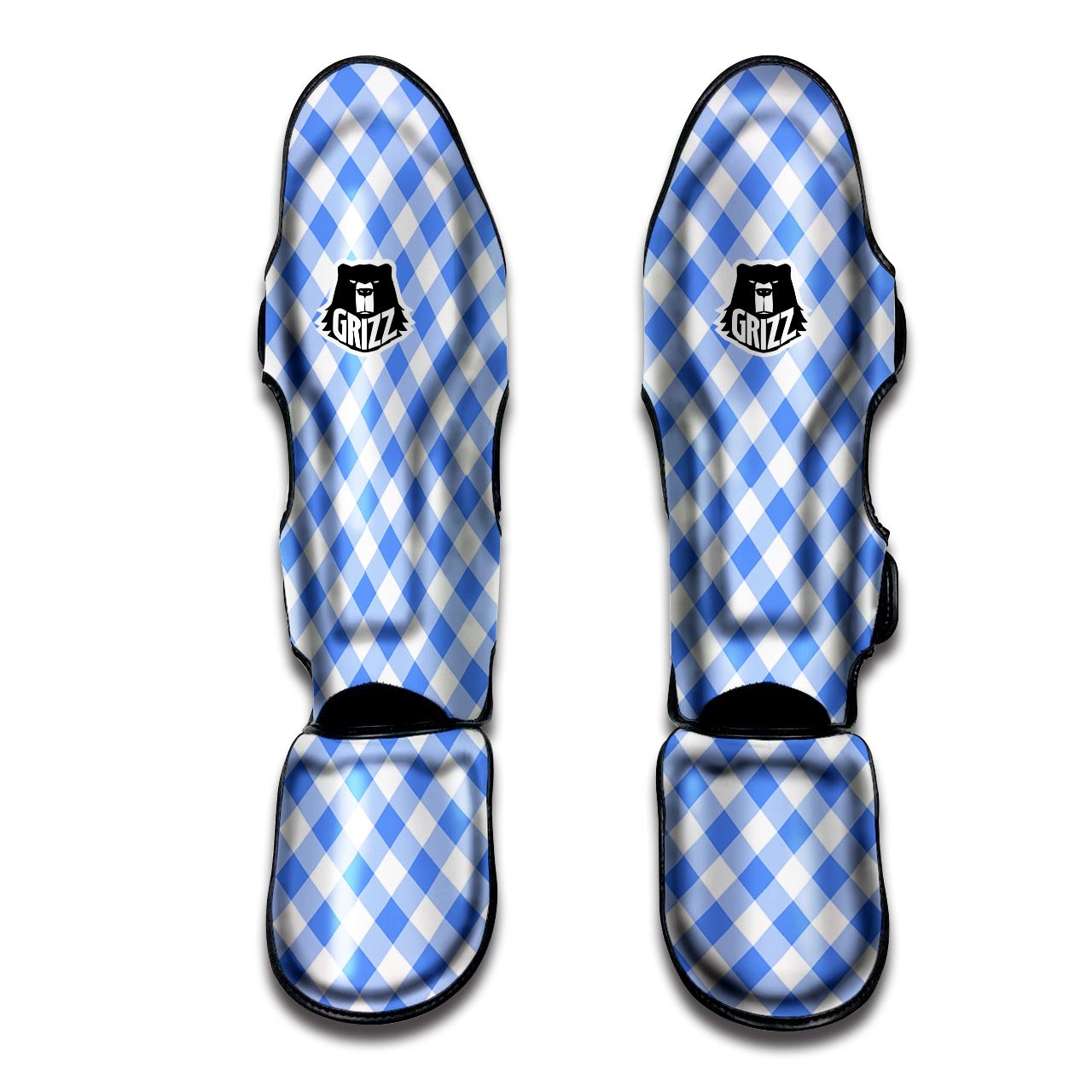 Blue Steel And White Gingham Print Pattern Muay Thai Shin Guards-grizzshop