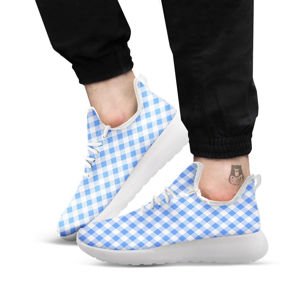 Blue Steel And White Gingham Print Pattern White Athletic Shoes-grizzshop