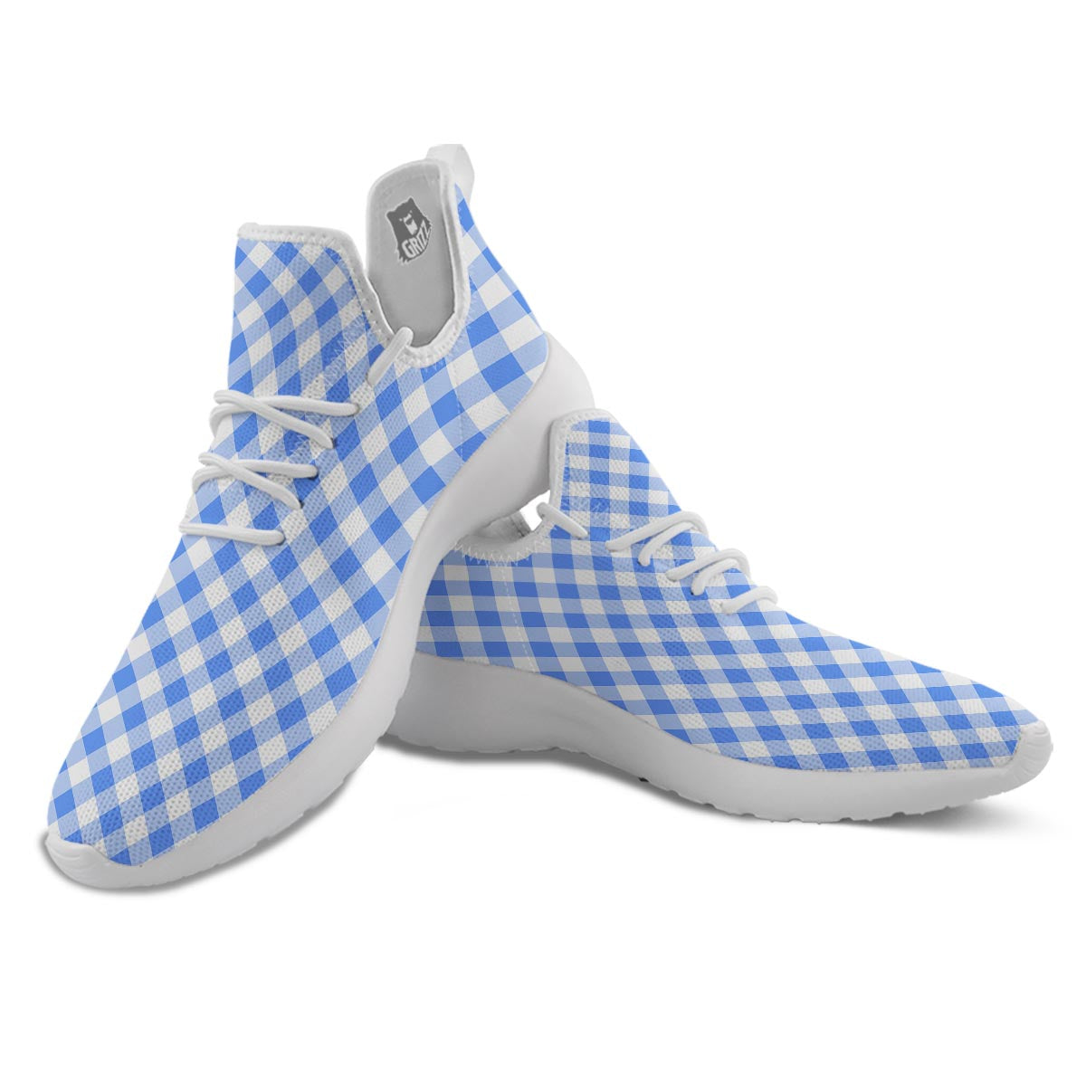 Blue Steel And White Gingham Print Pattern White Athletic Shoes-grizzshop