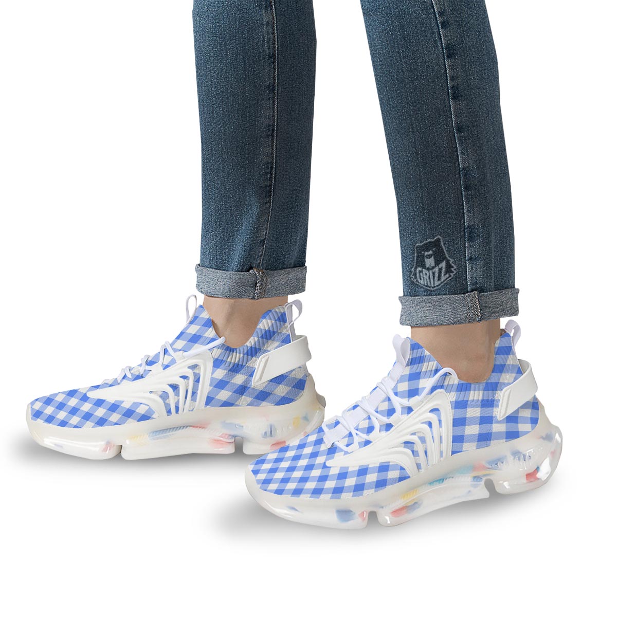 Blue Steel And White Gingham Print Pattern White Gym Shoes-grizzshop