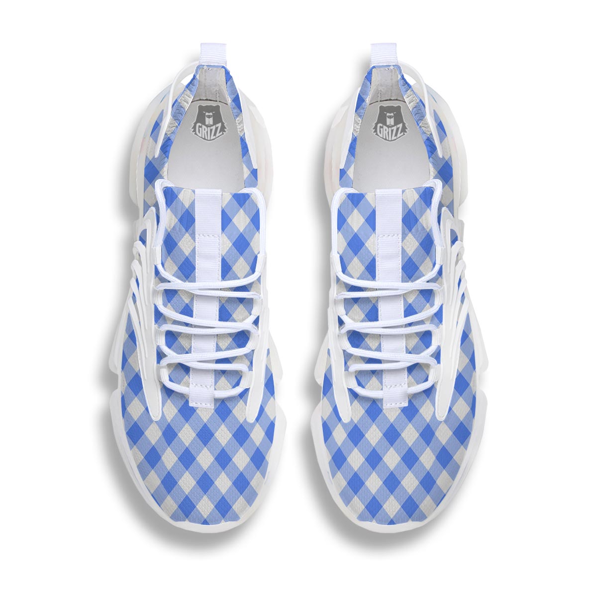 Blue Steel And White Gingham Print Pattern White Gym Shoes-grizzshop