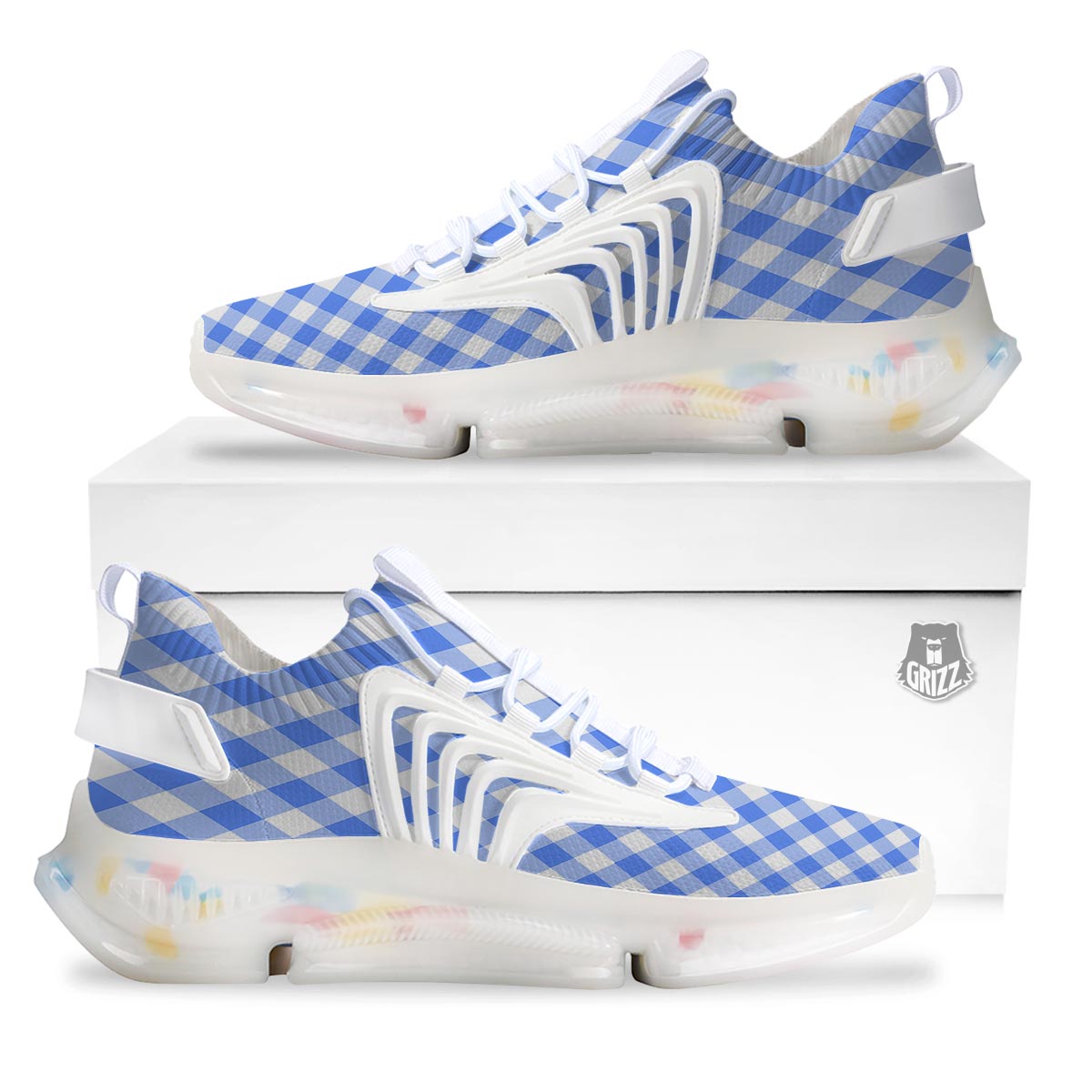 Blue Steel And White Gingham Print Pattern White Gym Shoes-grizzshop