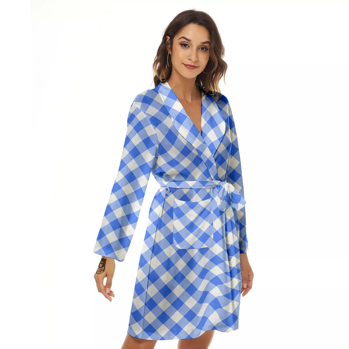 Blue Steel And White Gingham Print Pattern Women's Robe-grizzshop