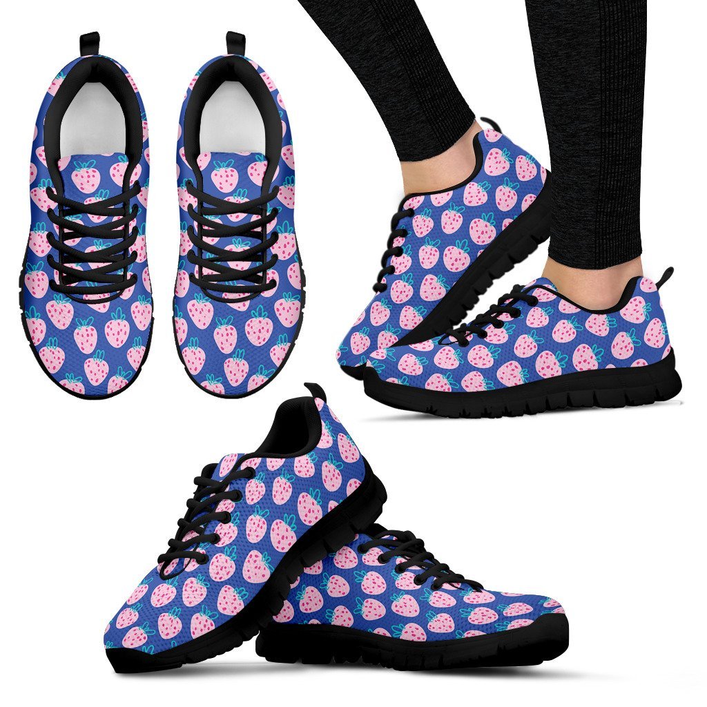 Blue Strawberry Pattern Print Black Sneaker Shoes For Men Women-grizzshop