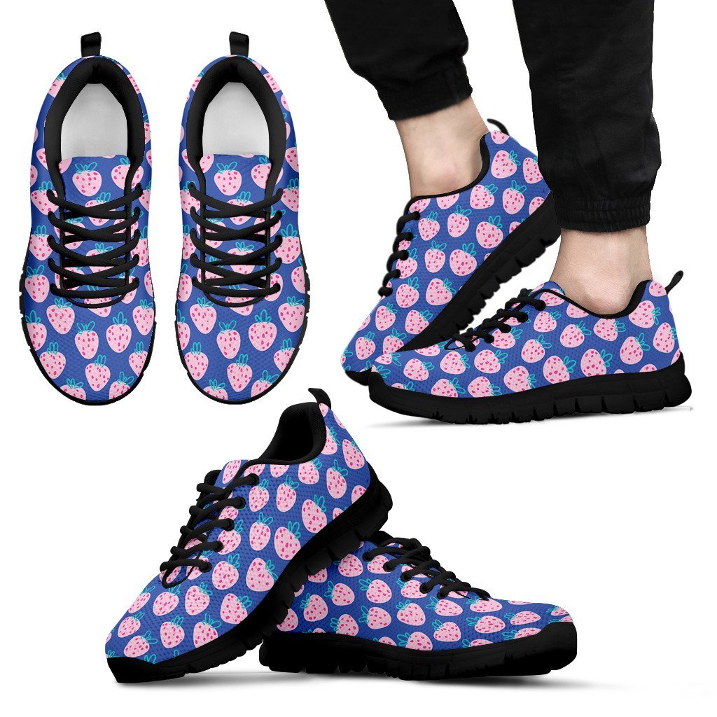Blue Strawberry Pattern Print Black Sneaker Shoes For Men Women-grizzshop