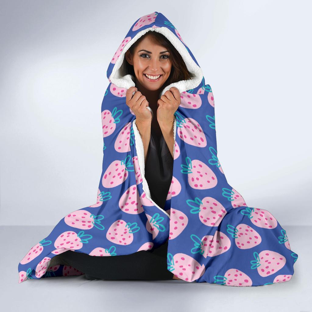 Blue Strawberry Pattern Print Hooded Blanket-grizzshop