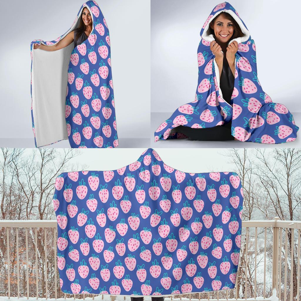 Blue Strawberry Pattern Print Hooded Blanket-grizzshop