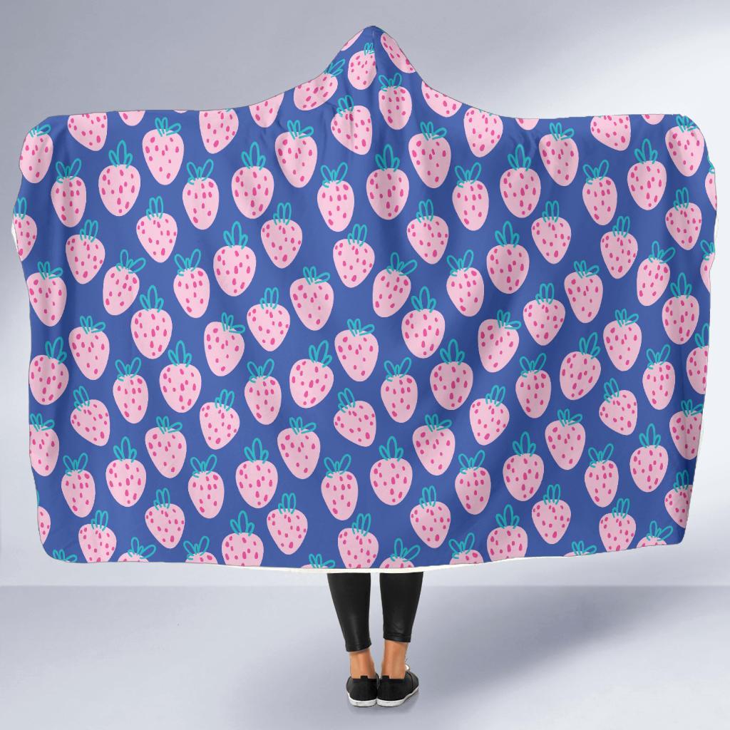 Blue Strawberry Pattern Print Hooded Blanket-grizzshop