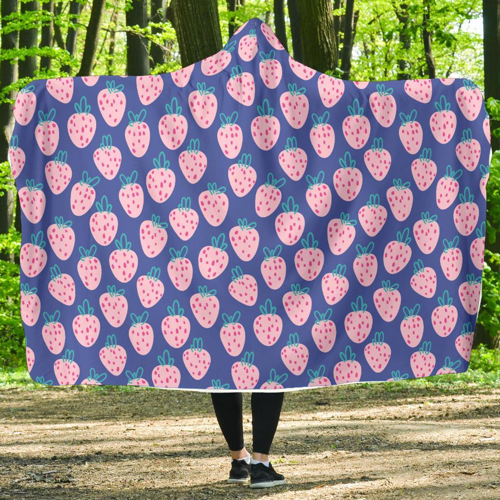 Blue Strawberry Pattern Print Hooded Blanket-grizzshop