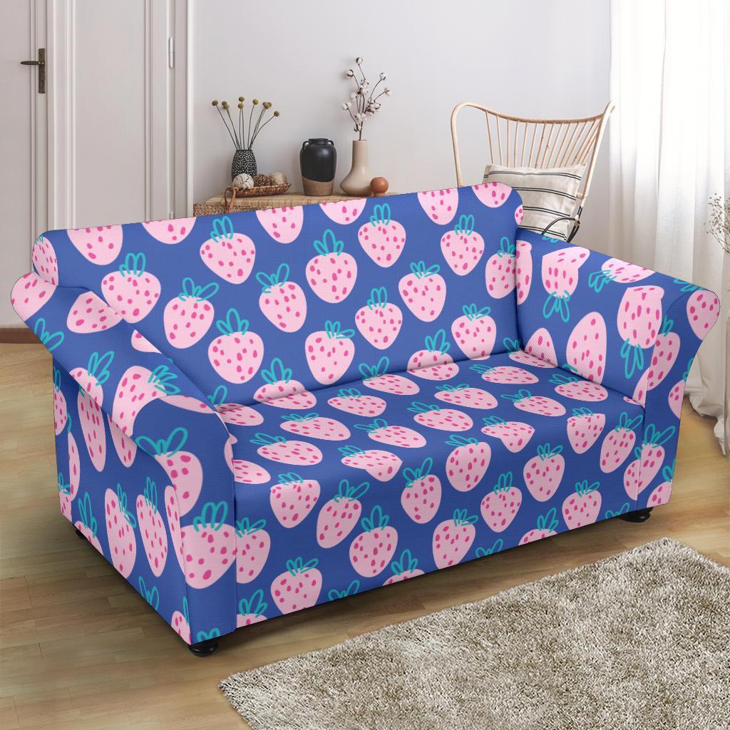 Blue Strawberry Pattern Print Loveseat Cover-grizzshop