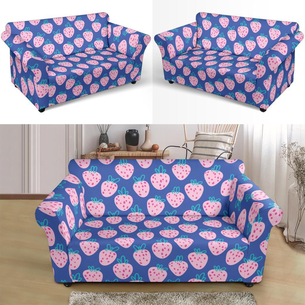 Blue Strawberry Pattern Print Loveseat Cover-grizzshop