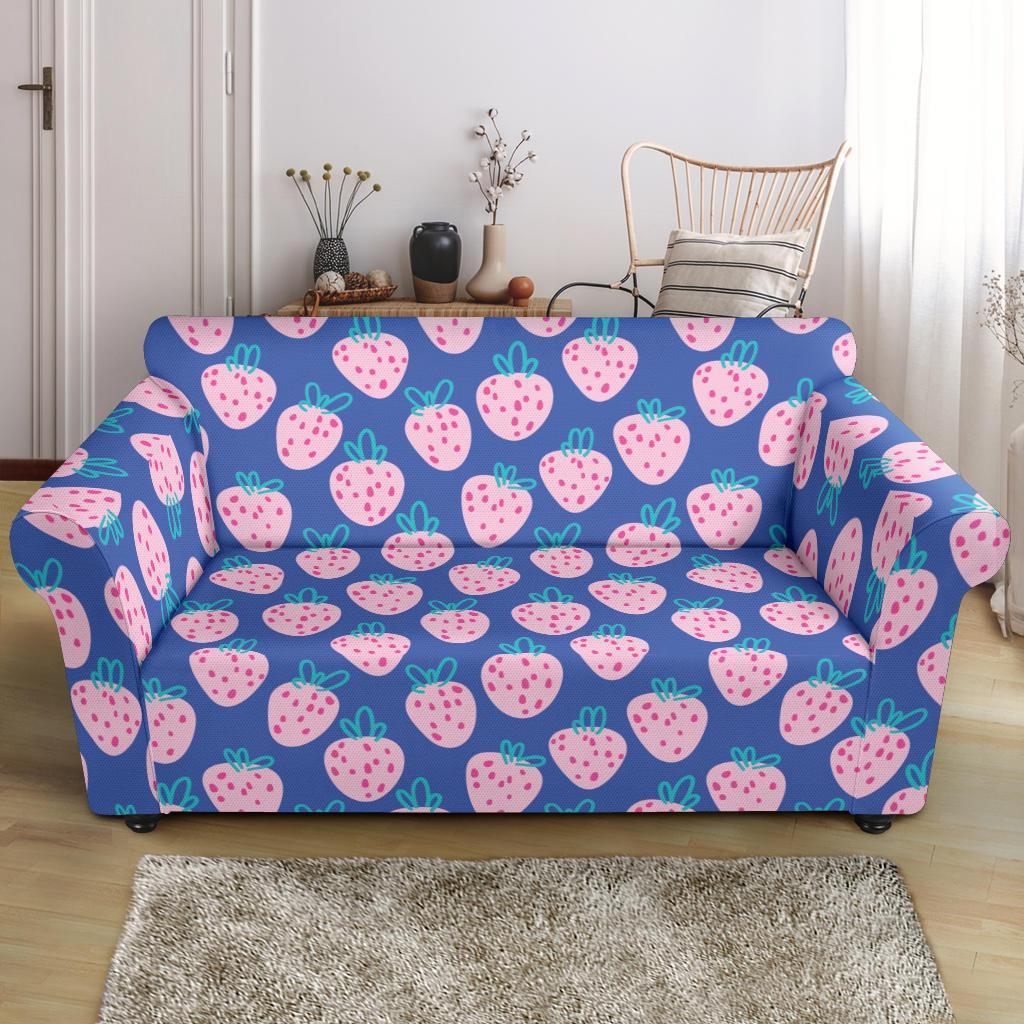 Blue Strawberry Pattern Print Loveseat Cover-grizzshop