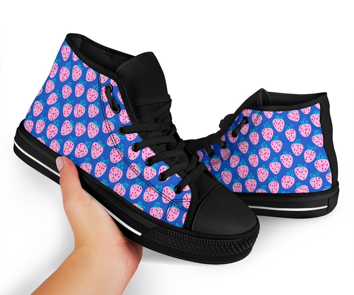 Blue Strawberry Pattern Print Men Women's High Top Shoes-grizzshop