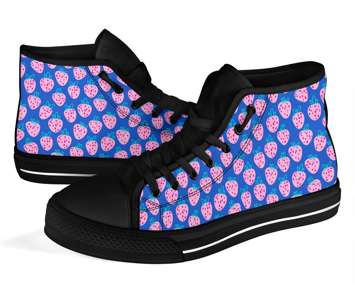 Blue Strawberry Pattern Print Men Women's High Top Shoes-grizzshop