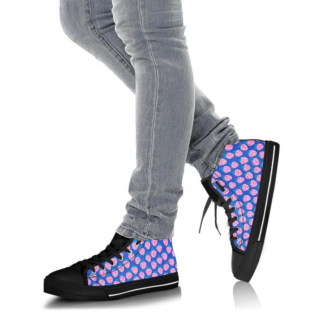 Blue Strawberry Pattern Print Men Women's High Top Shoes-grizzshop