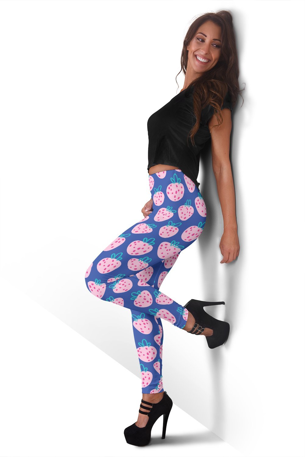 Blue Strawberry Print Pattern Women Leggings-grizzshop