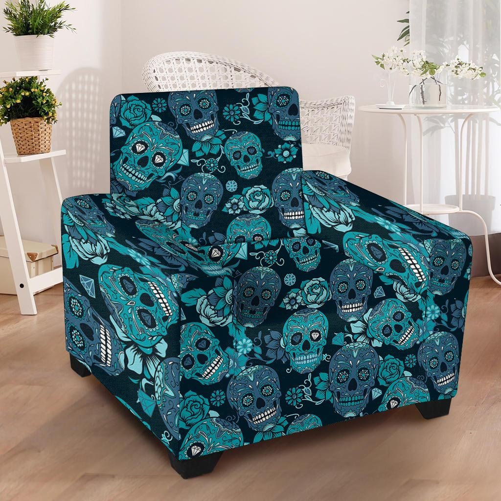 Blue Sugar Skull Armchair Cover-grizzshop