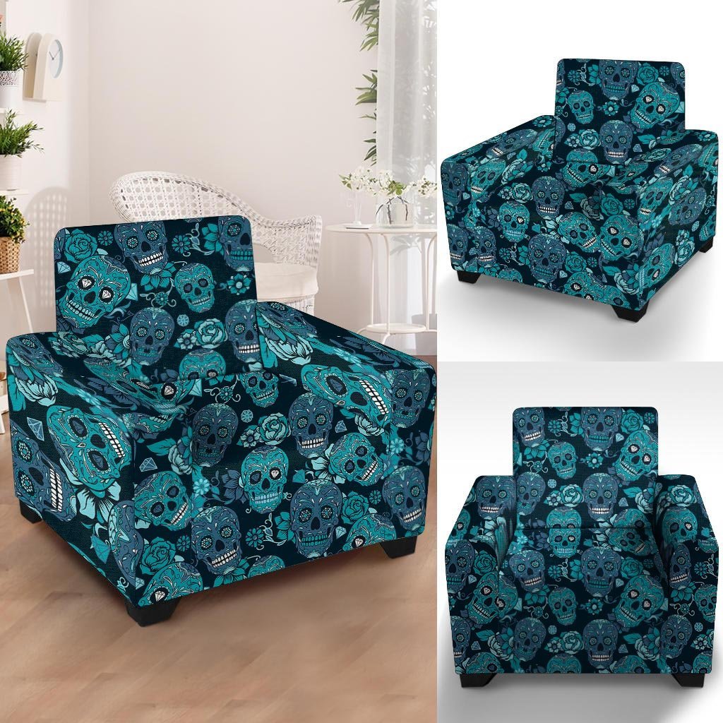 Blue Sugar Skull Armchair Cover-grizzshop