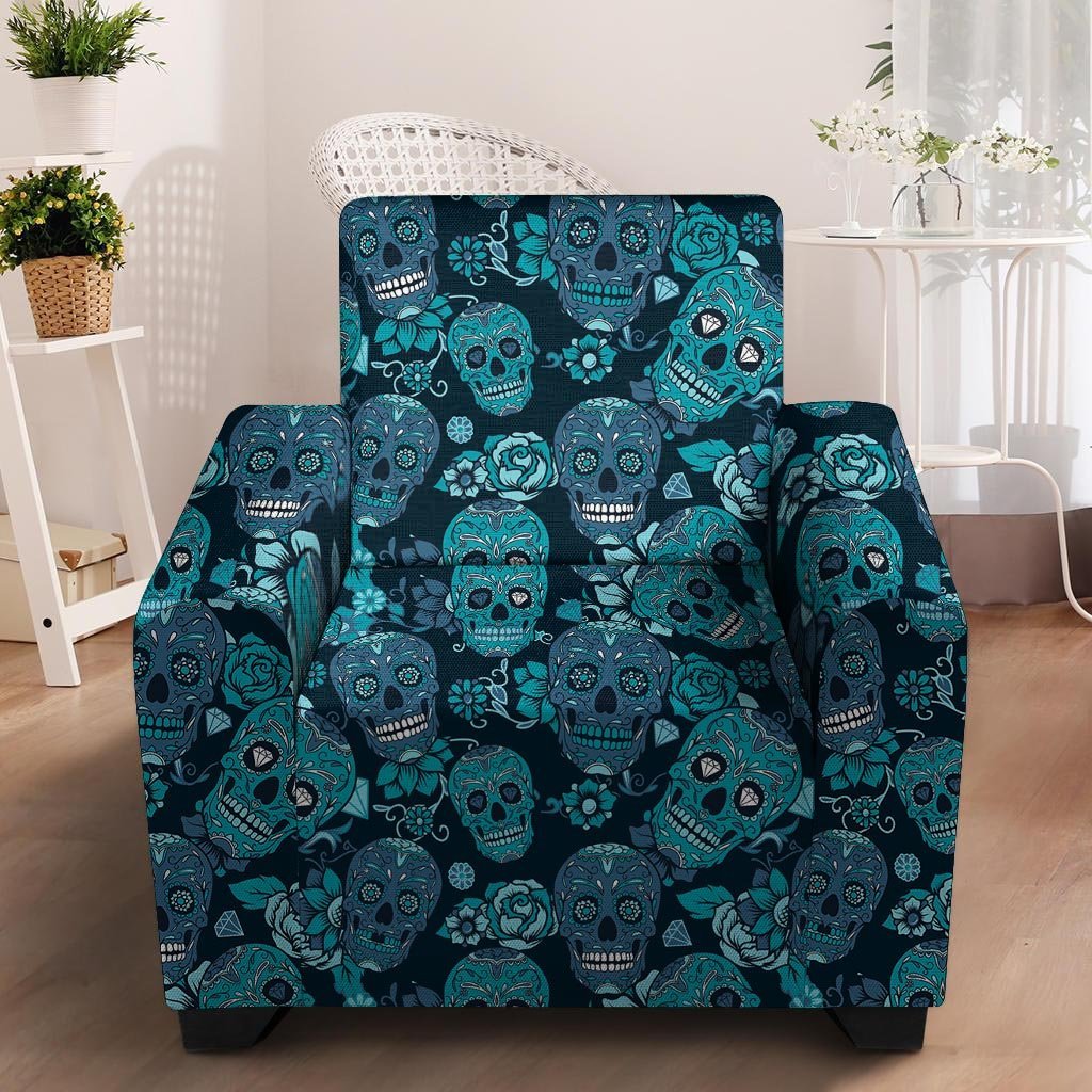 Blue Sugar Skull Armchair Cover-grizzshop