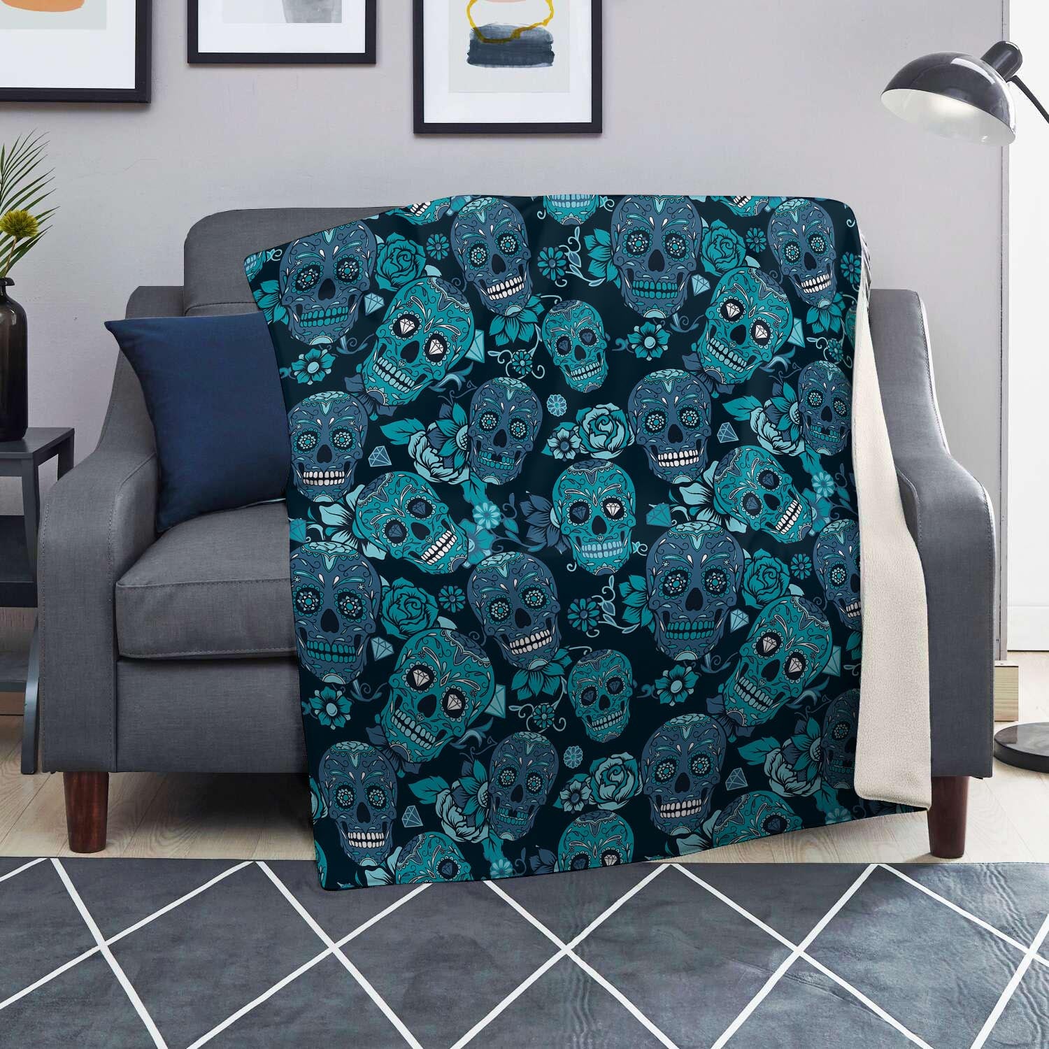 Blue Sugar Skull Blanket-grizzshop