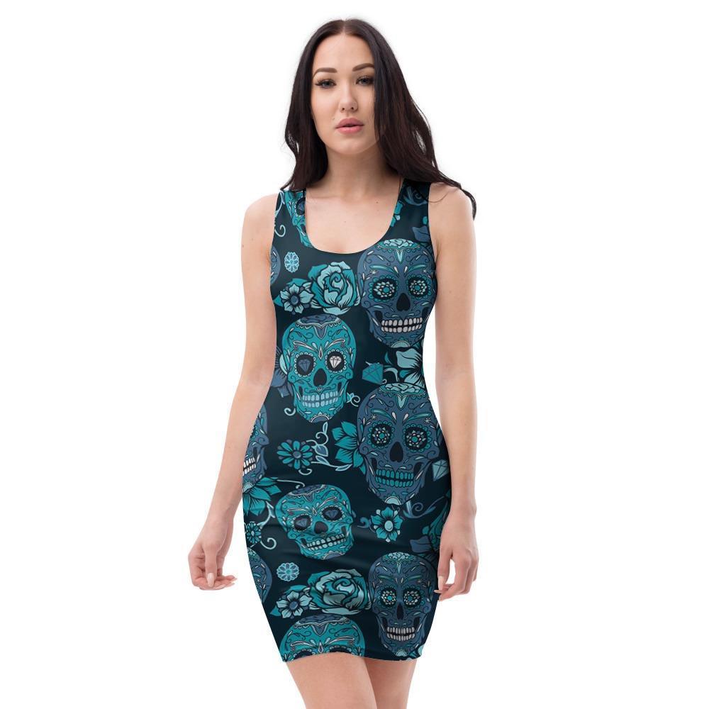 Blue Sugar Skull Bodycon Dress-grizzshop