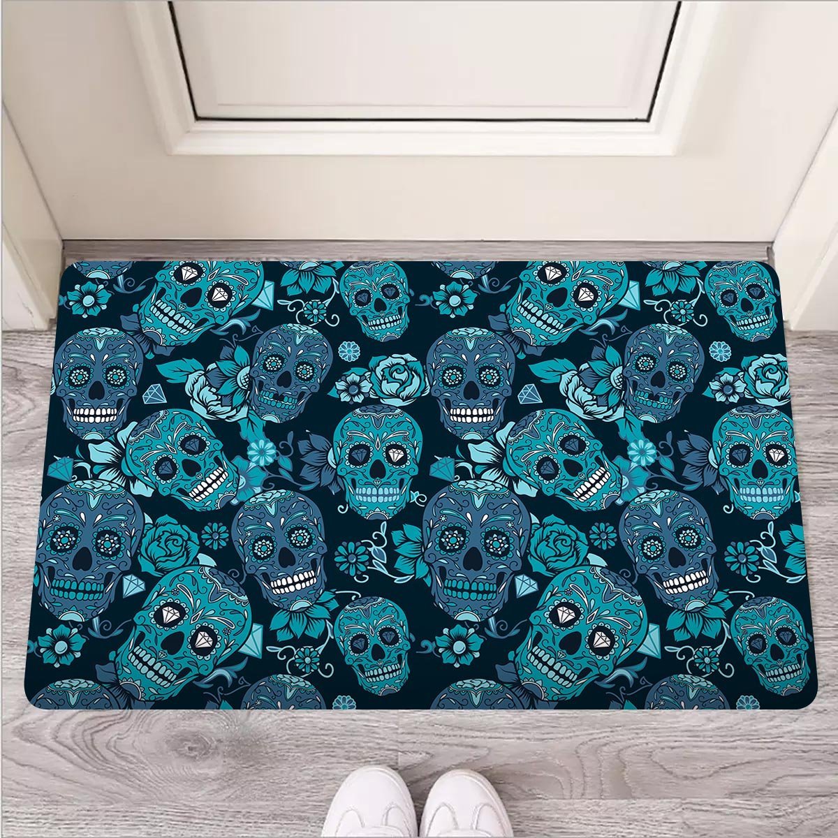 Blue Sugar Skull Door Mat-grizzshop