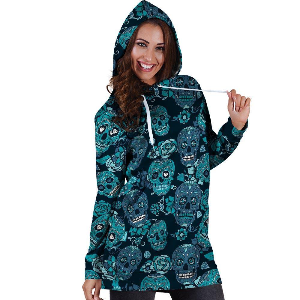 Blue Sugar Skull Hoodie Dress-grizzshop