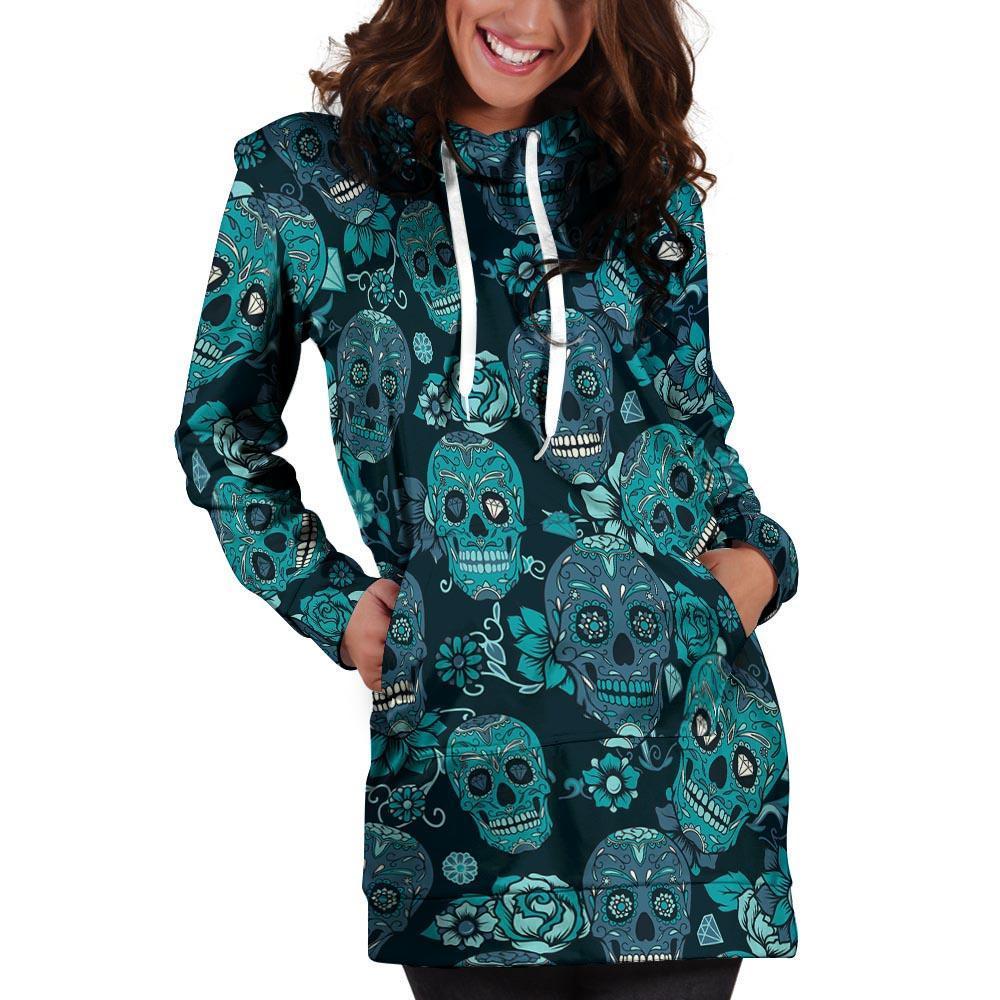 Blue Sugar Skull Hoodie Dress-grizzshop