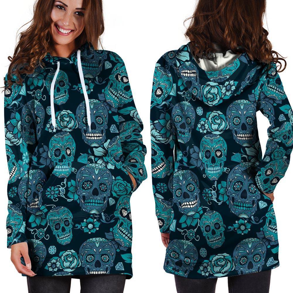 Blue Sugar Skull Hoodie Dress-grizzshop