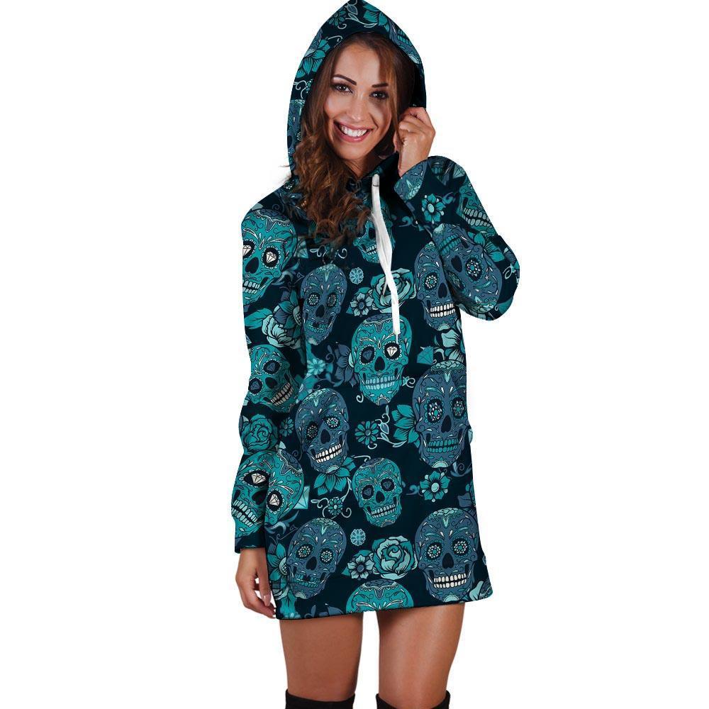 Blue Sugar Skull Hoodie Dress-grizzshop