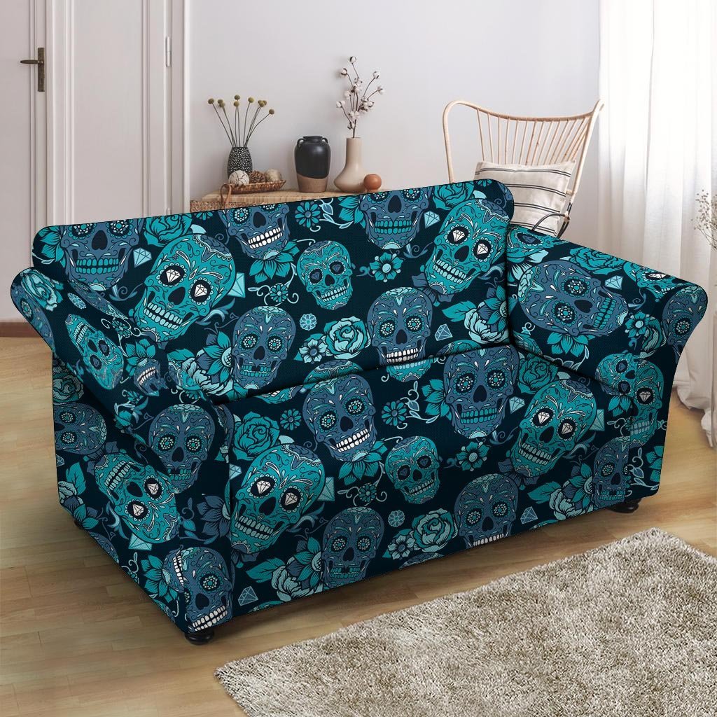 Blue Sugar Skull Loveseat Cover-grizzshop