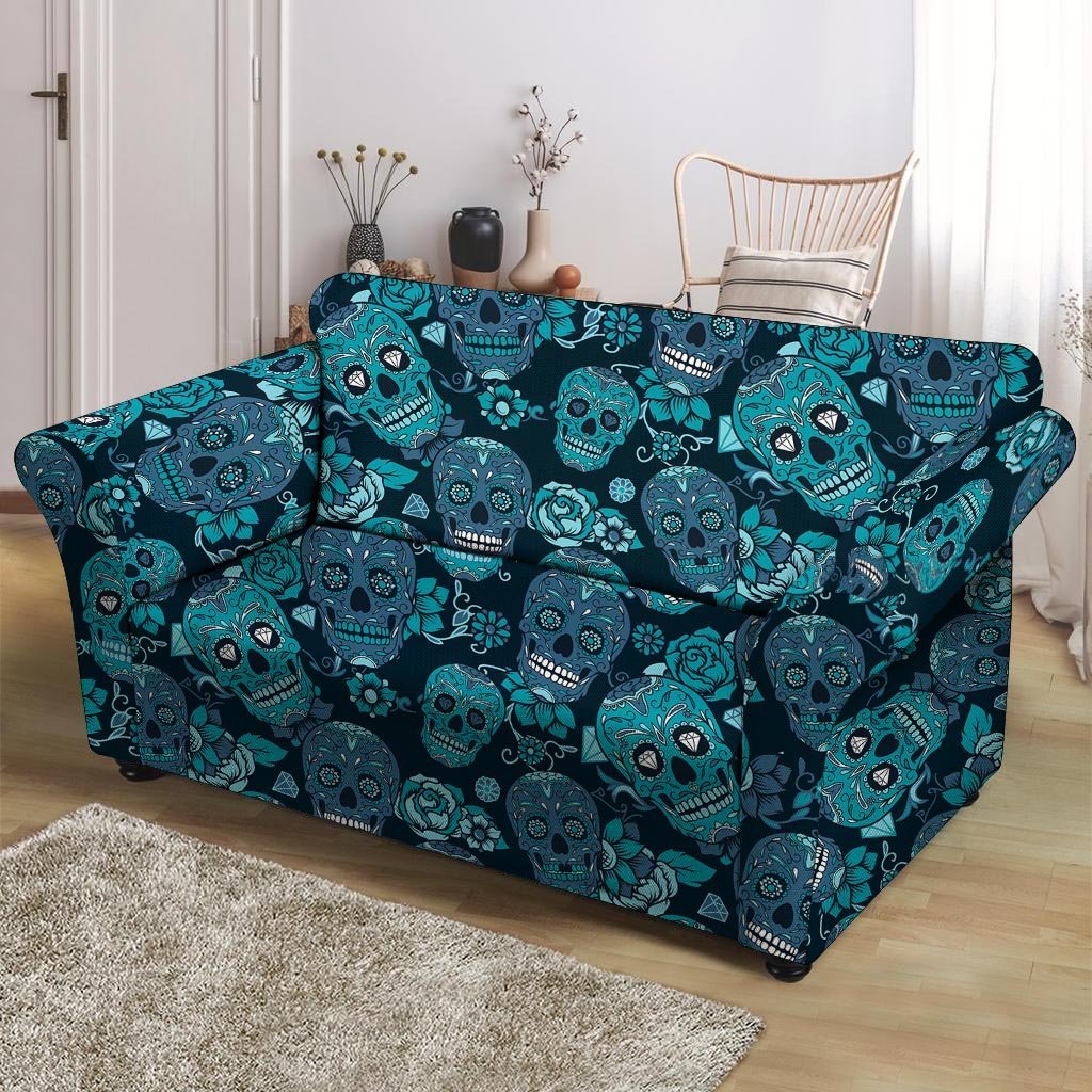 Blue Sugar Skull Loveseat Cover-grizzshop