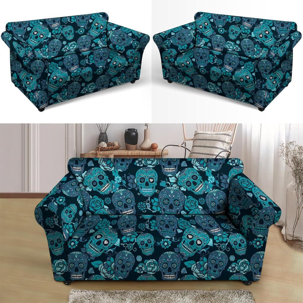 Blue Sugar Skull Loveseat Cover-grizzshop