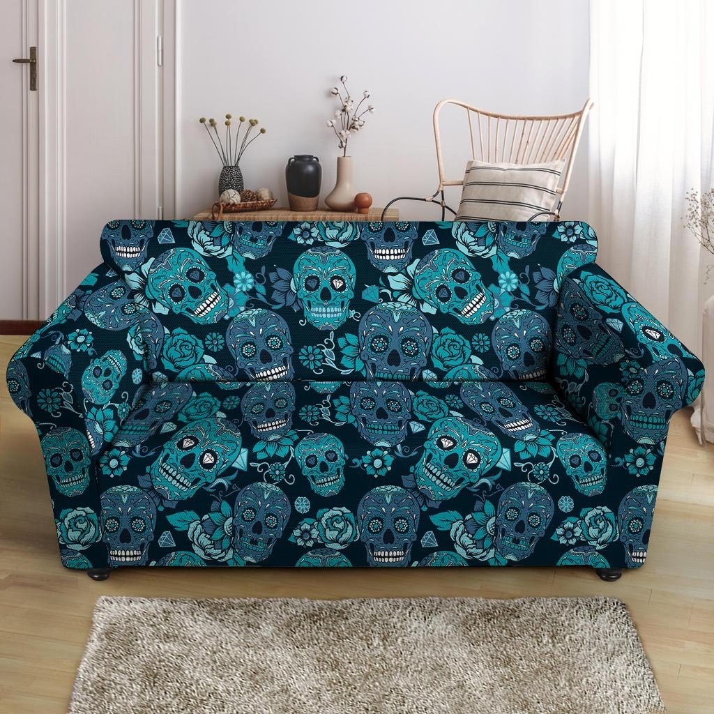 Blue Sugar Skull Loveseat Cover-grizzshop