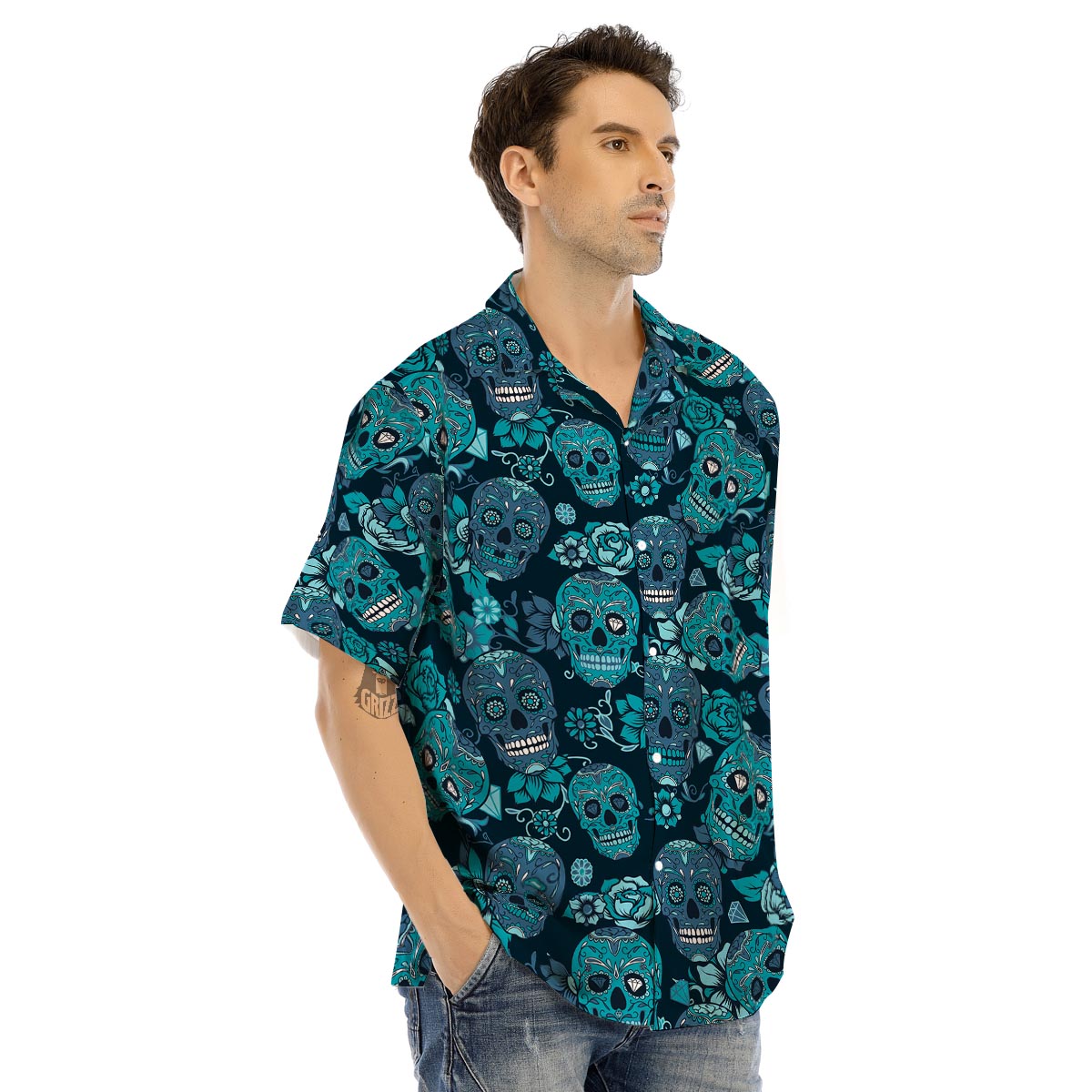 Blue Sugar Skull Men’s Hawaiian Shirt-grizzshop
