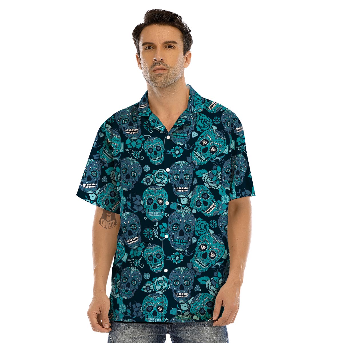Blue Sugar Skull Men’s Hawaiian Shirt-grizzshop