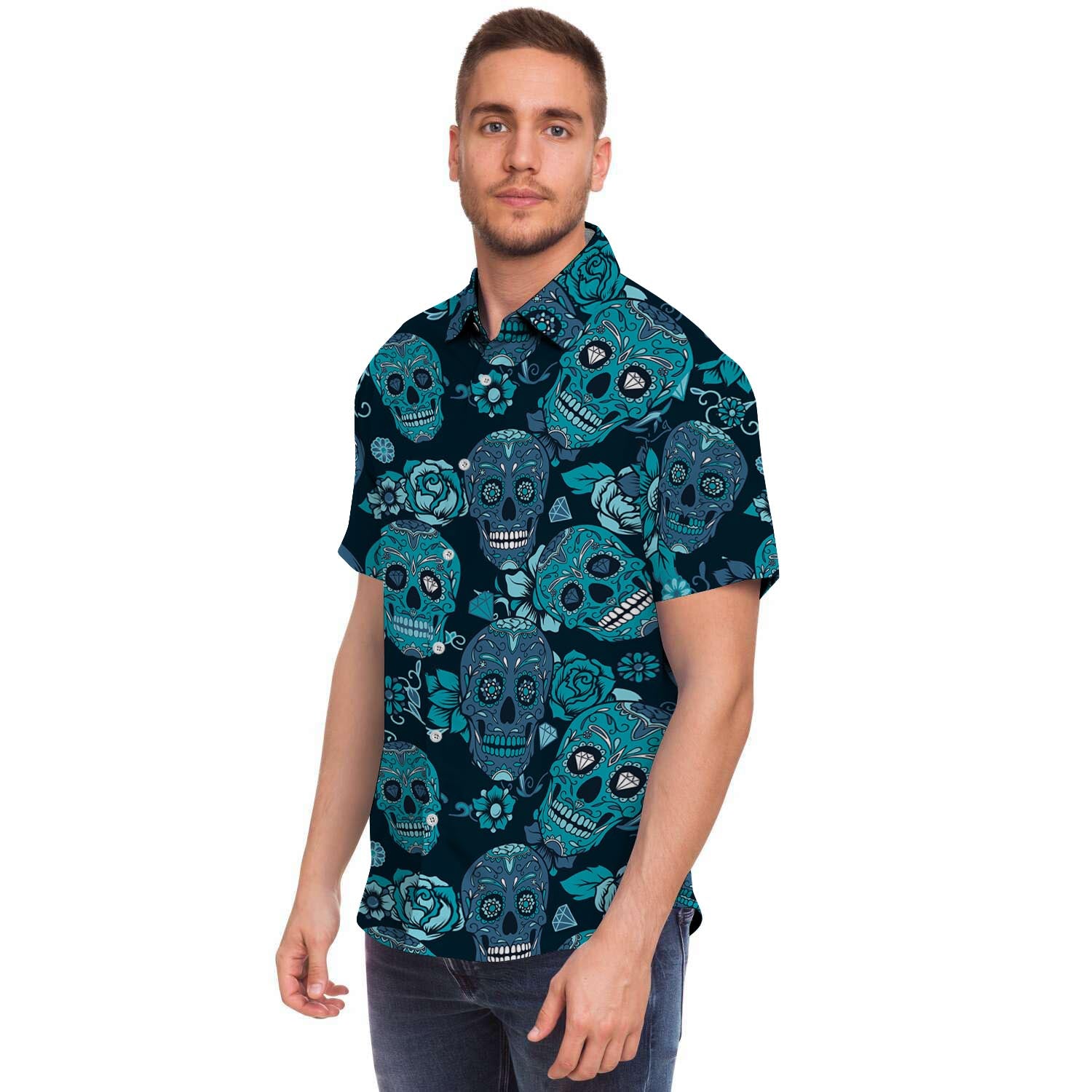 Blue Sugar Skull Men's Short Sleeve Shirt-grizzshop