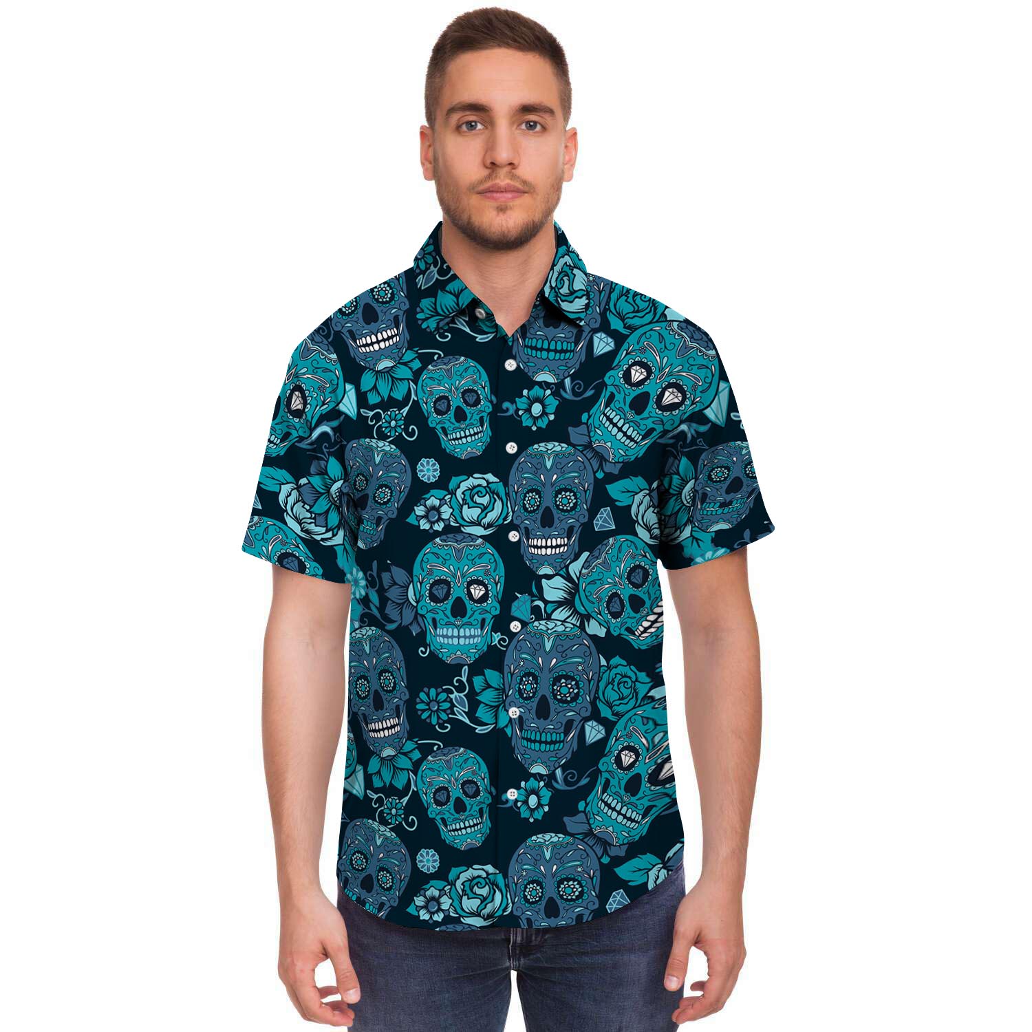 Blue Sugar Skull Men's Short Sleeve Shirt-grizzshop