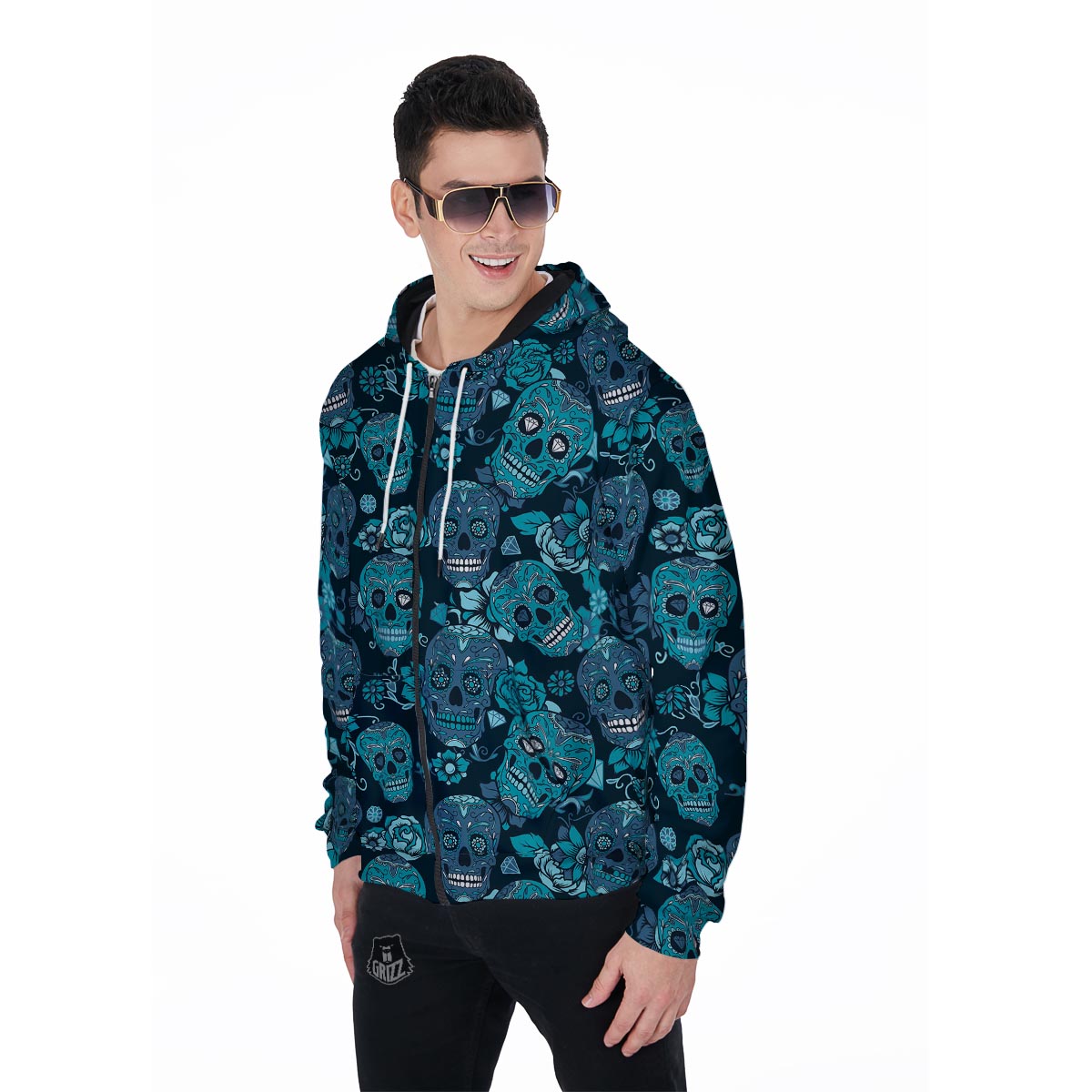 Blue Sugar Skull Men's Zip Up Hoodie-grizzshop