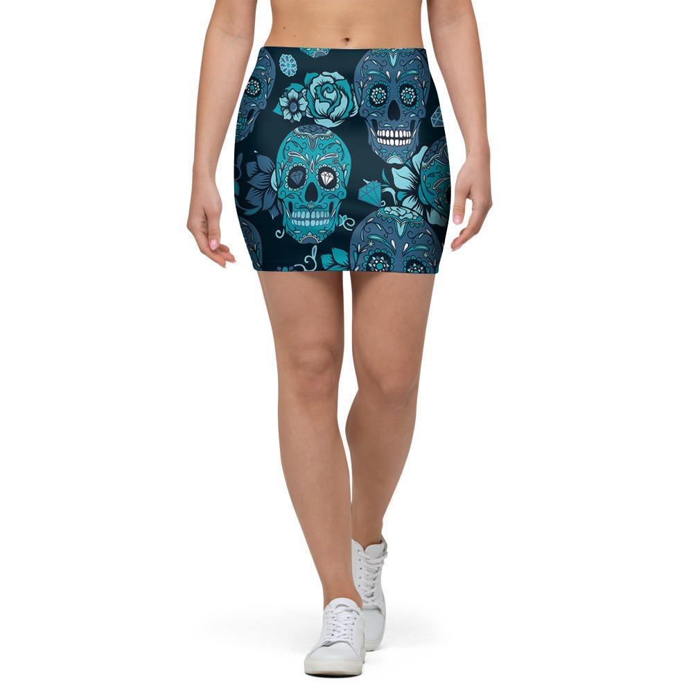 Blue Sugar Skull Mini Skirt-grizzshop