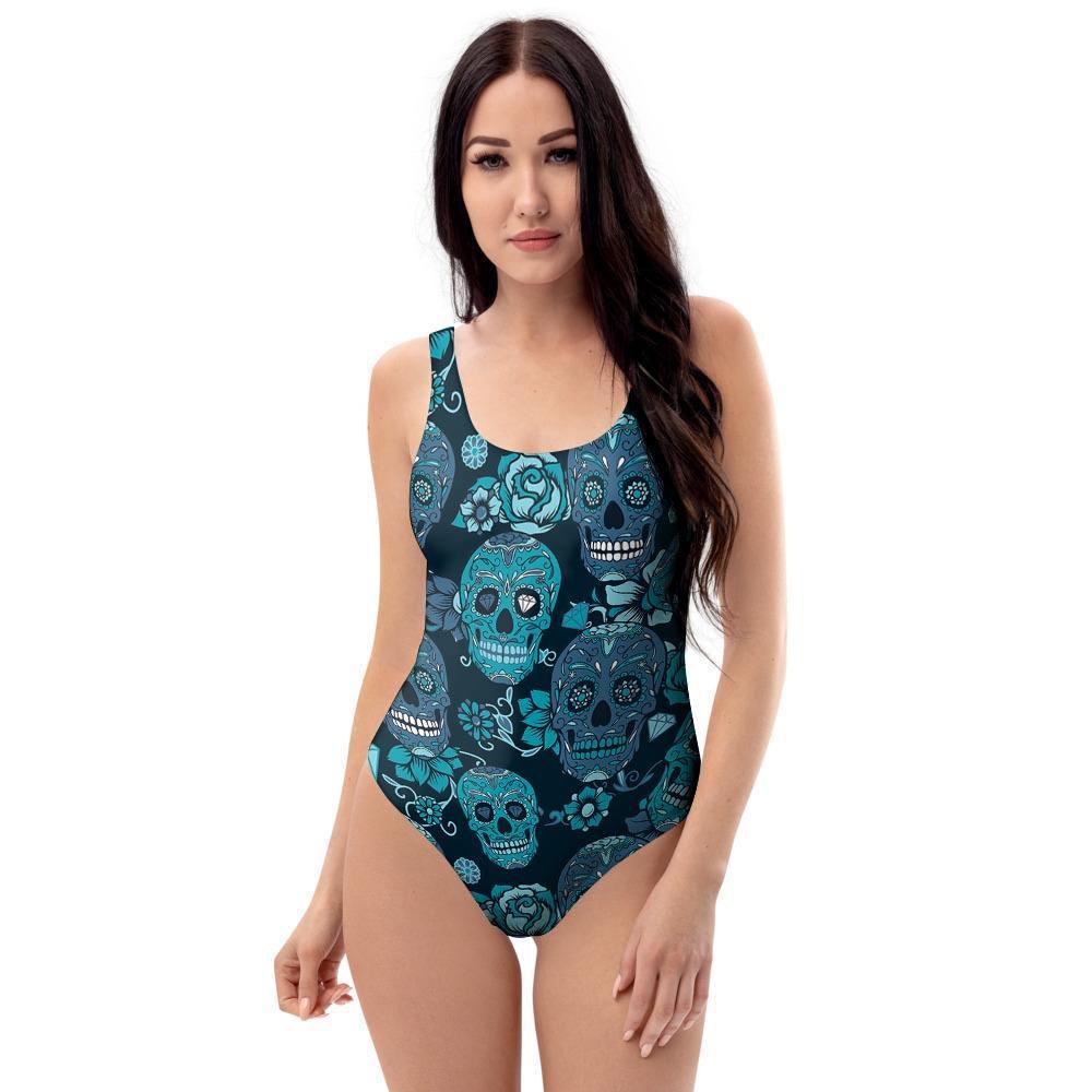 Blue Sugar Skull One Piece Swimsuite-grizzshop